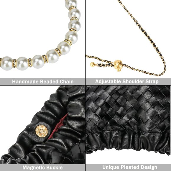 ⚡ Women's Leather Dumpling Pearl Chain Evening Black Crossbody Clutch Bag - Picture 6 of 8